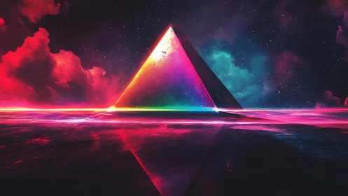 Neon prism pyramid stands over reflective liquid horizon