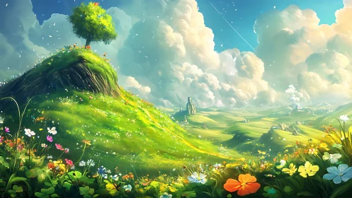 Sunlit hilltop tree welcomes wanderers to a dreamy valley