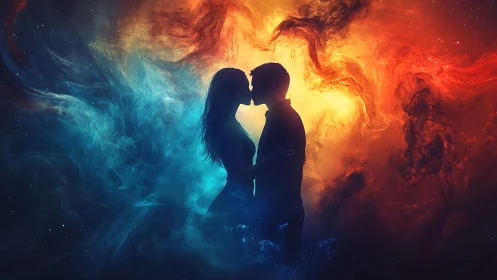 Silhouetted figures positioned centrally against contrasting illuminated background