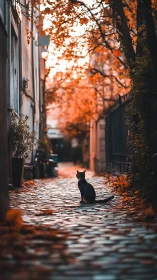 Solitary Shadow: Black Cat Commands Autumn's Golden Alleyway