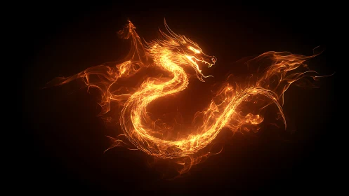 Fiery dragon silhouette formed from swirling flames on black.