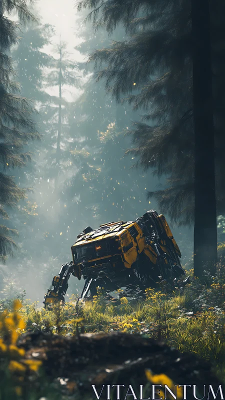 Quadruped yellow mech rests in misty conifer forest clearing