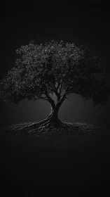 Solitary tree silhouette with exposed roots on dark ground.