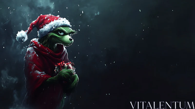 Grim green creature grips stolen gift in snowy night
