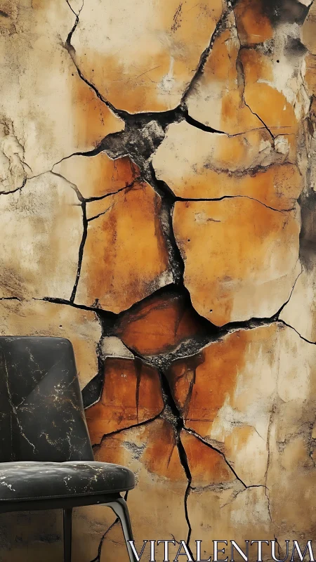 Cracked ochre concrete wall with distressed black accent chair