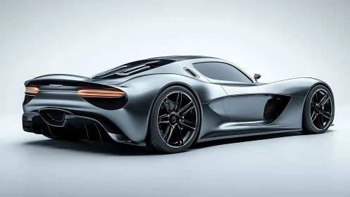 Futuristic silver hypercar glows under a clean studio light