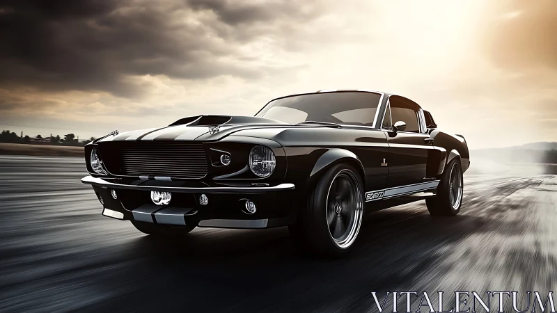 Black classic fastback car moves along empty roadway