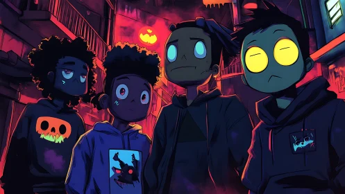 Neon-lit urban alley with stylized teens in spectral hoodies