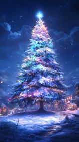 Snowlit Christmas tree with glowing village lights at night.