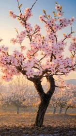 Almond tree in full pink blossom glows in gentle sunset light