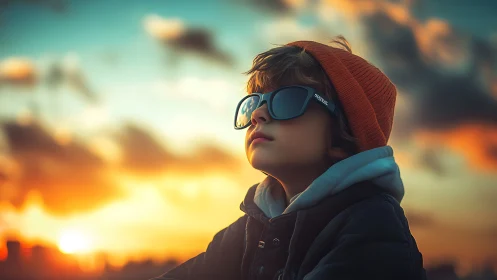 Sunlit child in sunglasses gazes toward a glowing horizon.