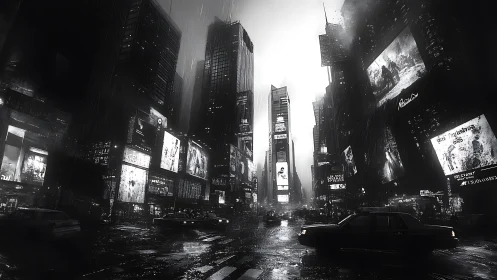 Neon rainstorm crowns a brooding midnight megacity intersection.