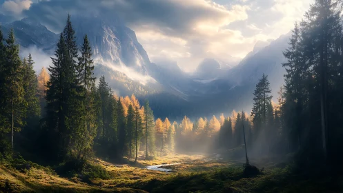 Alpine Mountain Valley Landscape with Larch Trees in Golden Autumn Season