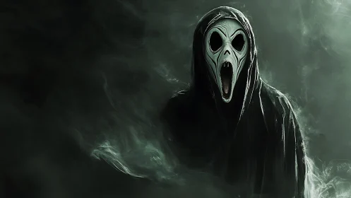 Hooded ghost figure with elongated screaming mask stands alone