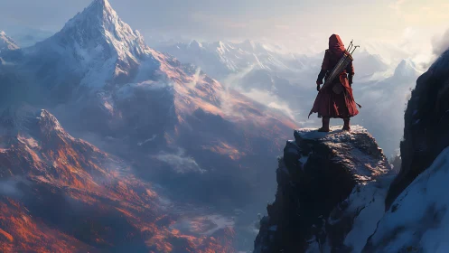 Hooded archer on snowy cliff surveying vast alpine valley