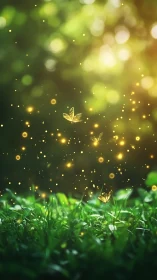 Golden fireflies dancing softly above a dreamy twilight meadow.