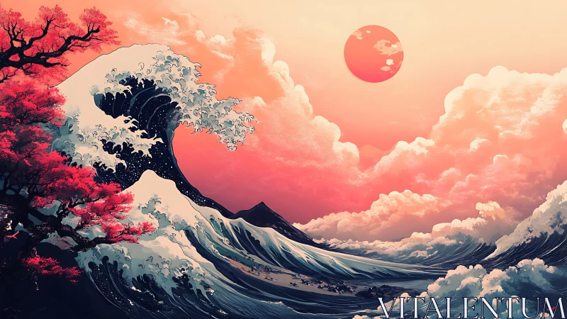 Large stylized wave meets clouded sky under distant sun