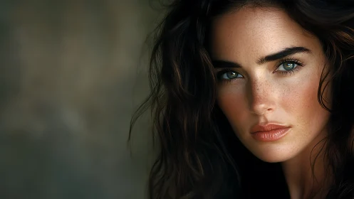 Close portrait of woman with wavy hair and intense gaze.