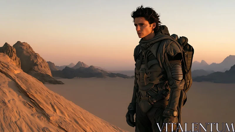 Desert wanderer studies quiet dunes in soft golden light