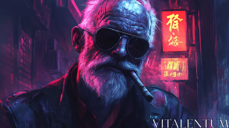 Weathered street wanderer in neon city glow at night.