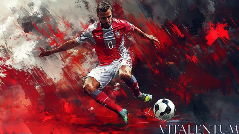 Dynamic soccer striker charges forward in vivid red energy