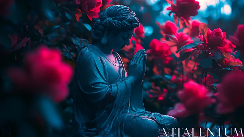 Stone praying figure in dense garden with red flowers.