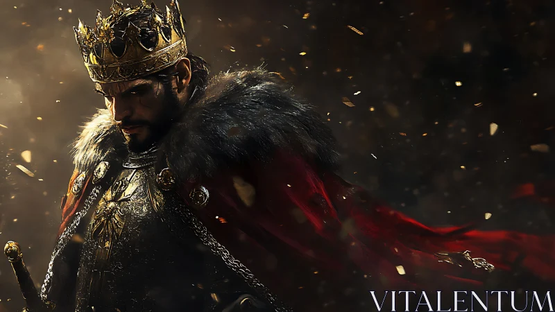 Armored monarch in embers, volumetric light and crimson cloak.