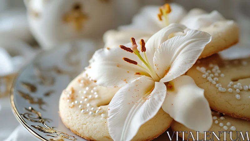 Close-up of white lily on decorated sugar cookies.
