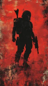 Armored sci-fi silhouette rendered against distressed red ground