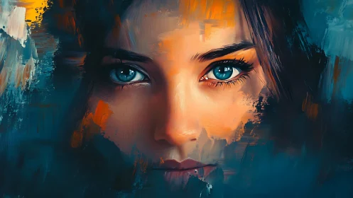 Intense blue eyed portrait emerges from vivid abstract strokes