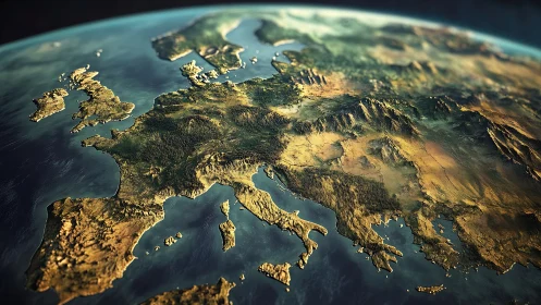 Rendered terrestrial relief of Europe under golden daylight.