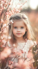 Young Girl Among Blossoms in Soft Golden Light.