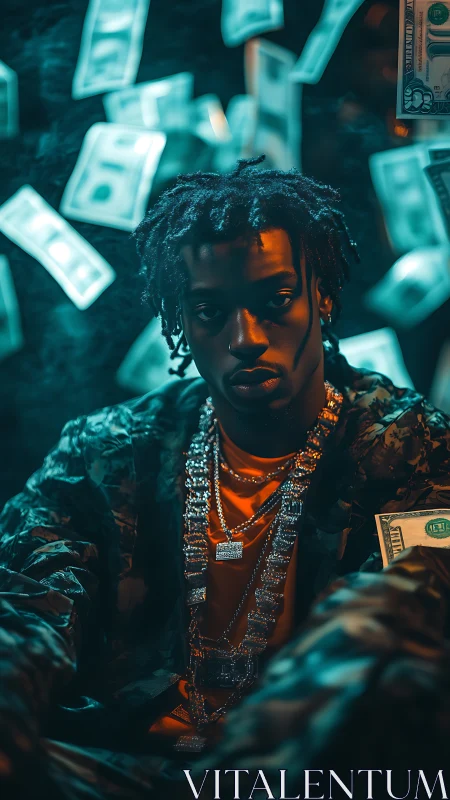 Moody hip hop portrait glows amid falling cash and neon haze