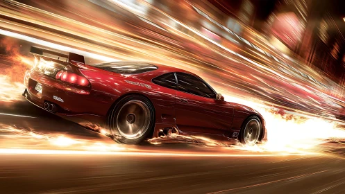 Red tuner car drifting through blazing light trails at night.