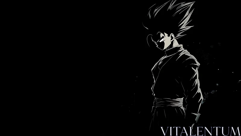 Dark anime warrior silhouette on stark black background.