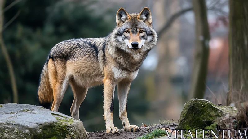 Lone wolf stands alert on forest rocks in soft winter light