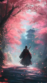 Solitary samurai beneath luminous cherry blossom canopy.