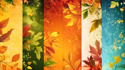 Colorful vertical panels with stylized autumn leaves artwork.