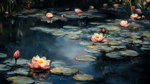 Moonlit lilies drift on inky waters, whispering quiet light.