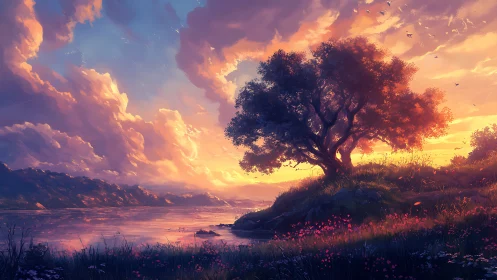 Twilight tree crowns a glowing lakeshore of painted clouds.