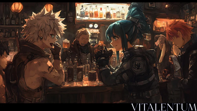 Warm cyberpunk bar meetup between scrappy anime friends.