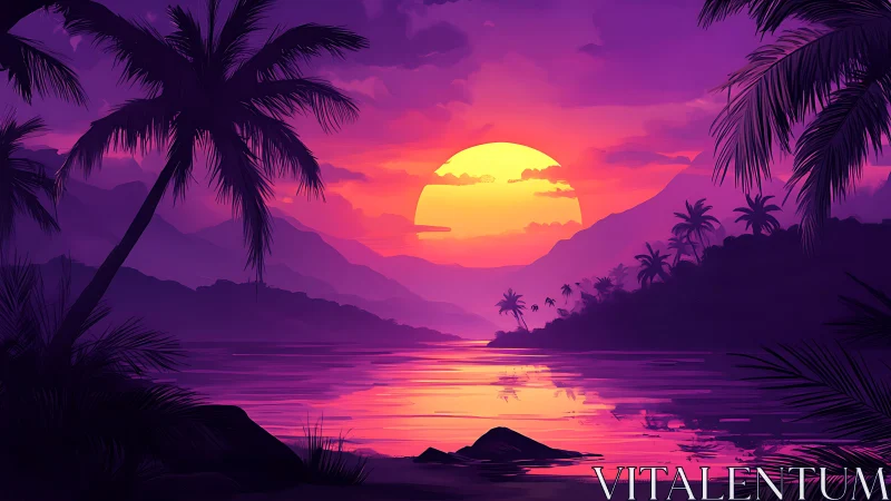 Neon dusk lagoon where violet palms cradle molten sun.