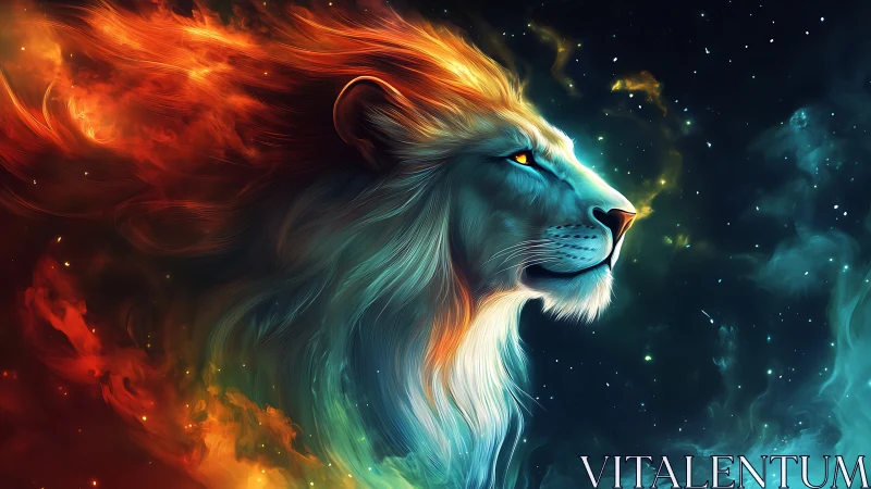 Cosmic lion silhouette ignites nebula fire and starlit void
