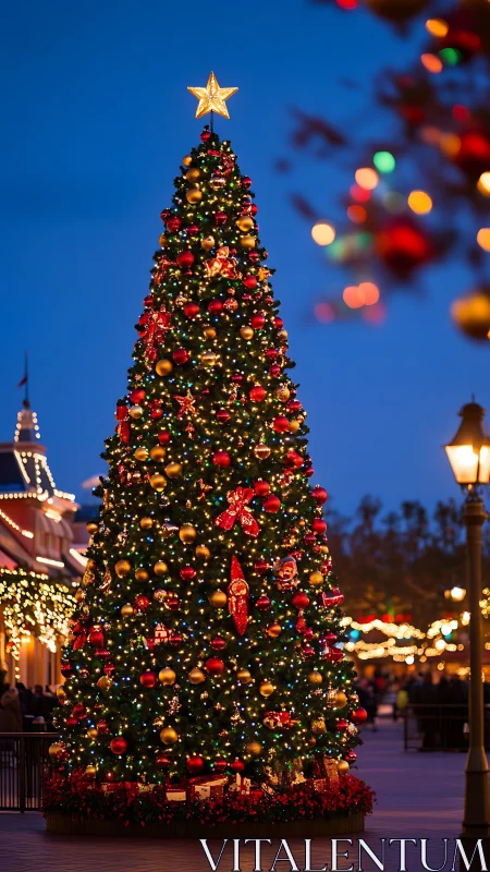 Tall outdoor Christmas tree with lights in city square.