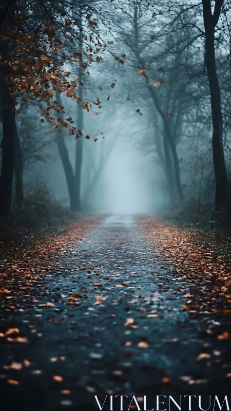 Fog-drenched forest lane with autumn leaves in motion.