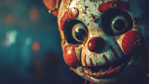Creepy clown mask close-up in moody shallow focus portrait.