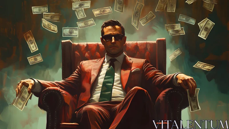 Confident man in red suit on throne-like chair with money