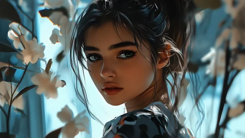 Digital portrait girl amid soft blossoms, teal light glow.