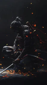 Kneeling ember-lit samurai poised in stormstill silence.