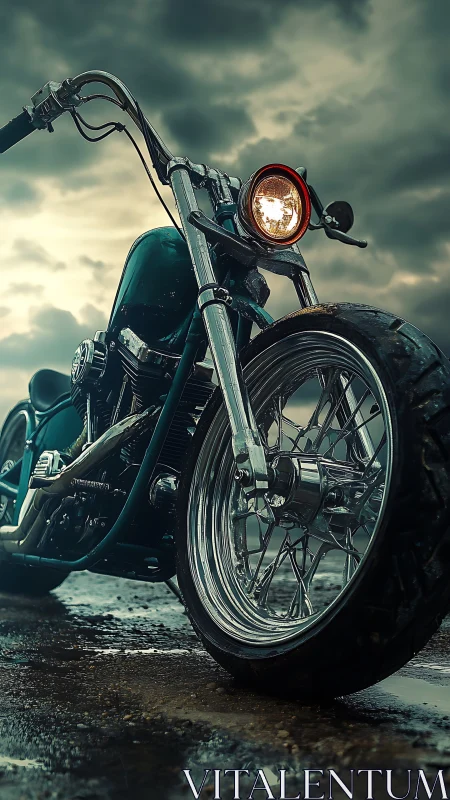 Low-angle custom chopper motorcycle under stormy sky.